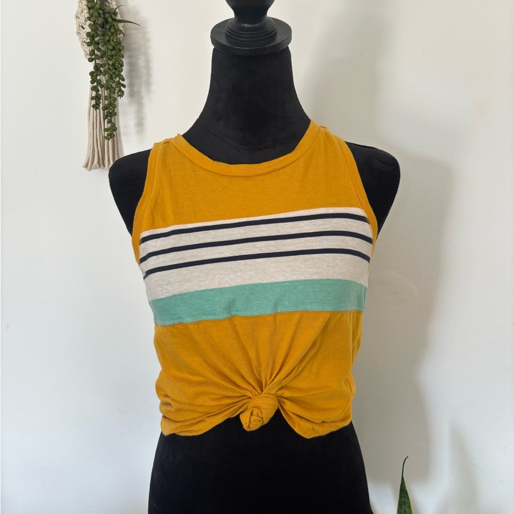 Mustard Stripe Knot-Front Tank Top Cropped